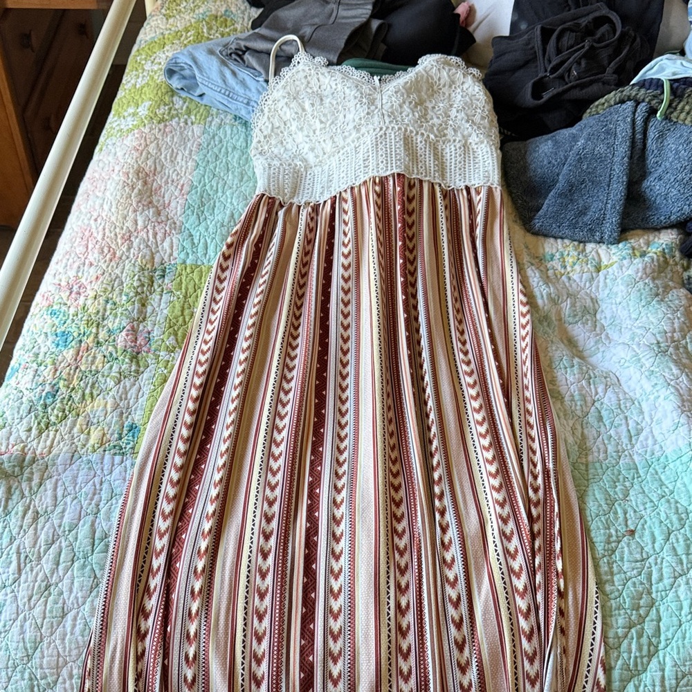 Crochet Bust Striped Maxi Dress - White & Rust